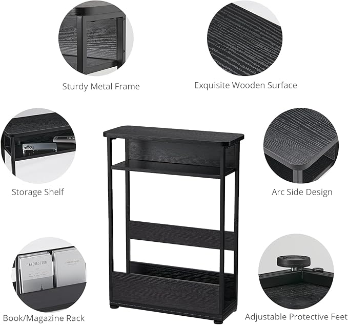 Narrow Side Table,3-Tier Slim End Table with Storage Shelf,Modern Sofa Table Thin Side Table for Narrow and Small Spaces, Skinny Bedside Table Small Nightstand with Magazine Rack Space Saving/Black