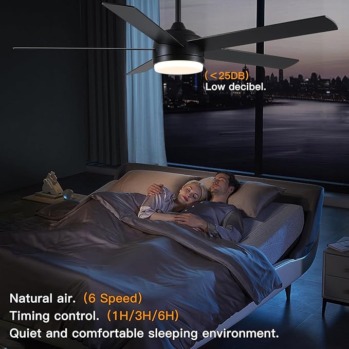 YUHAO 60 Inch Black Ceiling Fan with Light and Remote Control.Noiseless,Dimmable,3CCT,6 Speeds Reversible, DC Ceiling Fans for Indoor or Covered Outdoor