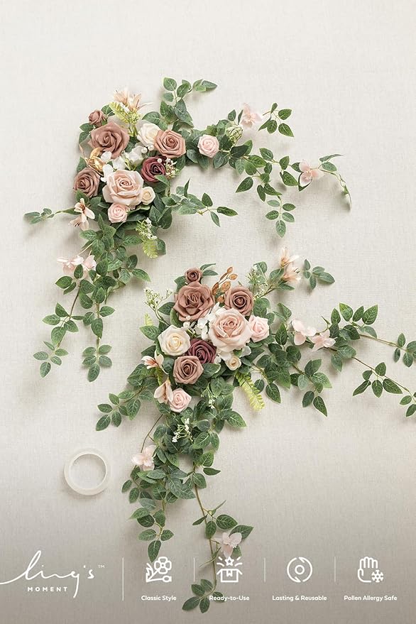 Ling's moment 2PCS Dusty Rose Arch Flowers Artificial Floral Swags Wedding Centerpieces Faux Flower Garland Greenery Arrangements for Engagement Party Sweetheart Table Decor Welcome Signs Wall