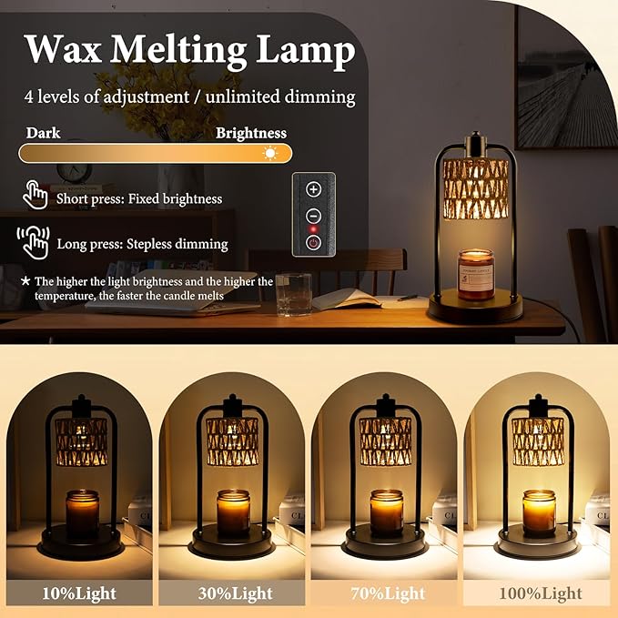 Candle Warmer Lamp Wax Light: Electric Melt Warming Lamps for Yankee Candles with Timer Dimmable for Birthday Christmas Gift, Room, New House, Bedroom, Vintage Home Decor (Black + Brown Hemp Rope)