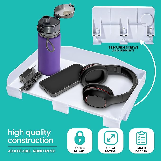 Modern Innovations 2 Count Bedside Organizer for Bed – Clip On Tray with Cup & Cord Holder – for College Dorm, Top Bunk, or Kids Bedroom (White)