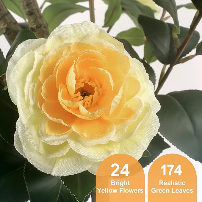 Faux Outdoor Plants 2 Pcs - 39’’ Artificial Camellia Tree Potted with Yellow Flowers, Artificial Plants Outdoor Porch Front Door Garden Indoor Office Home Wedding Decor Housewarming Gift