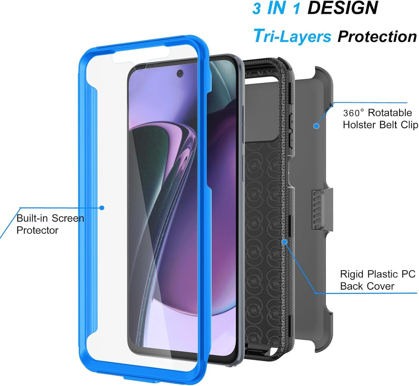 Njjex for Moto G Stylus 2023 5G Case, Shockproof Heavy Duty Holster with Built-in Screen Protector, Blue