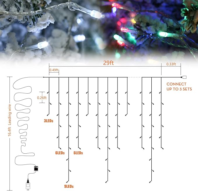Toodour Christmas Icicle Lights Outdoor, 2 in 1 White & Multicolor Color Changing Icicle Lights with 60 Drops, 29.5ft 360 LED Christmas Light Fairy Twinkle Light for Wedding Home Outdoor Xmas Decor