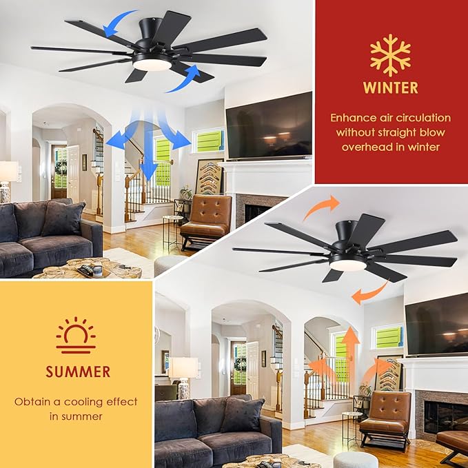 Ceiling Fans with Lights- 52" Low Profile Indoor Ceiling Fan with Light and Remote/APP Control, 8 Blade,Flush Mount, LED Dimmable DC Reversible Modern Ceiling Fan for Bedroom（Black）