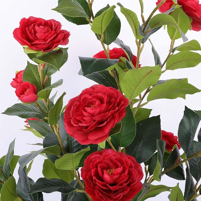Hananona 2 Pcs Artificial Camellia Trees Faux Camellia Plant in Pot with Flowers Indoor Plants for Spring Home Decor Outdoor Porch Front Door Decor (Red, M)