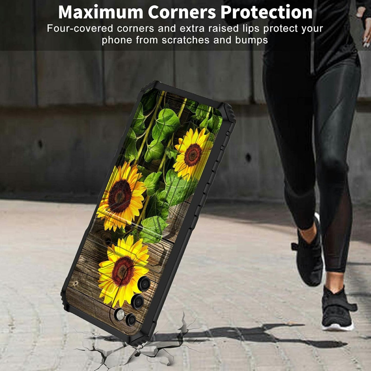 Samsung Galaxy A03s Case with Detachable Card Holder Slot, Heavy Duty Shockproof Cover, Sunflower Plank