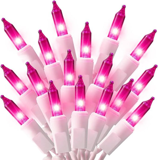 Holiday Pride Pink Christmas Lights White Wire - 100 Count Pink Christmas Lights Indoor (24 Ft) - Indoor/Outdoor Use - UL Certified - Static & Blinking Modes - Connectable
