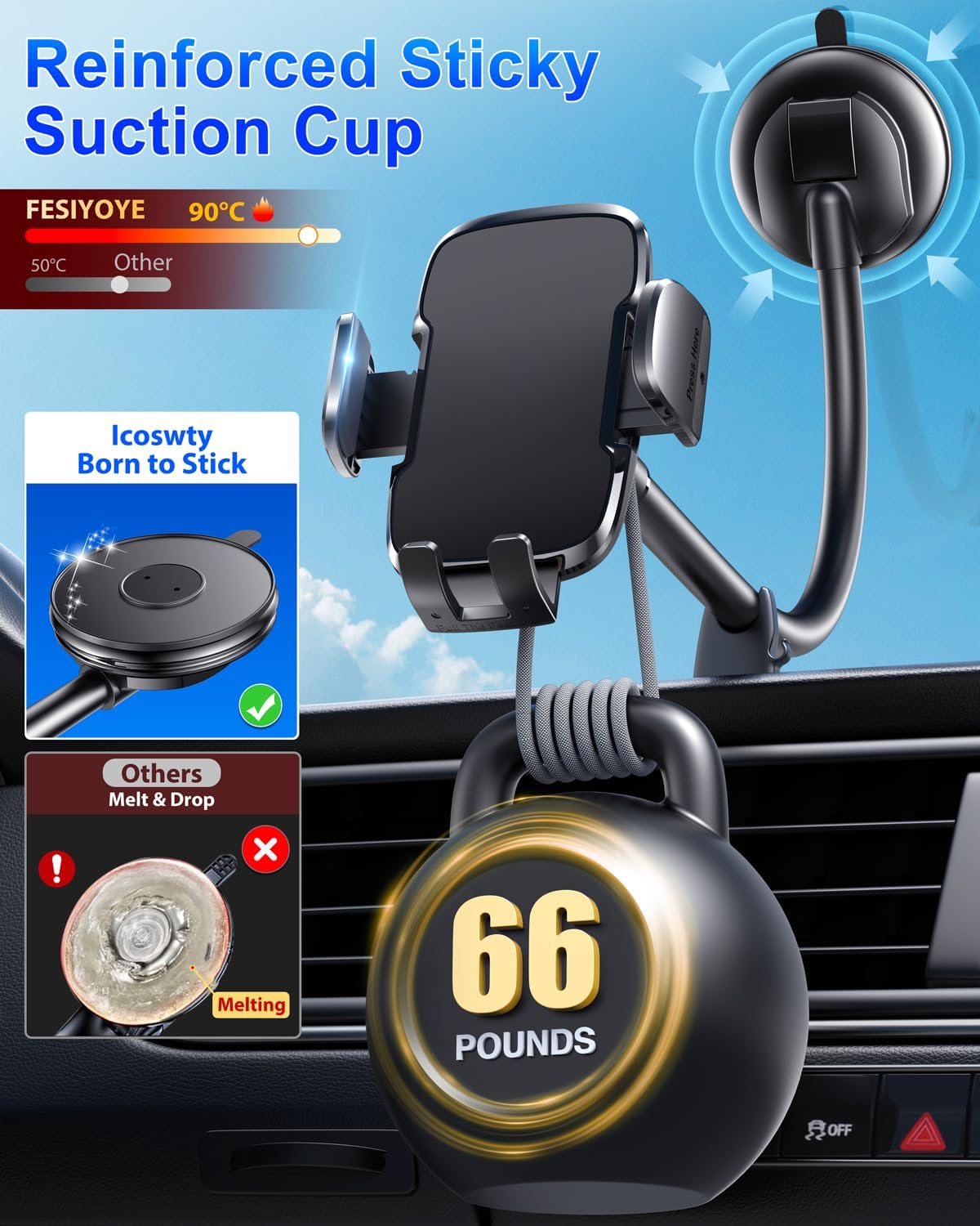 Phone Mount for Car [6.2in Flexible Arm] Cell Phone Holder for Windshield Dashboard, [Washable Strong Suction]