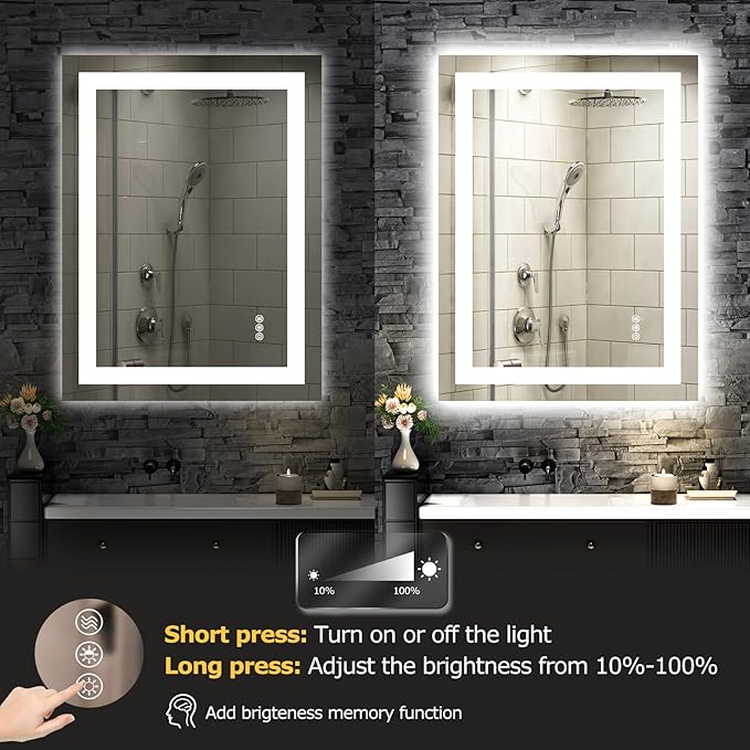 24X32 LED Bathroom Mirror with Lights, Anti-Fog, Dimmable, Backlit + Front Lit, Smart Bathroom Vanity Mirror, Memory Function, Shatterproof, Tempered Glass (Horizontal/Vertical)