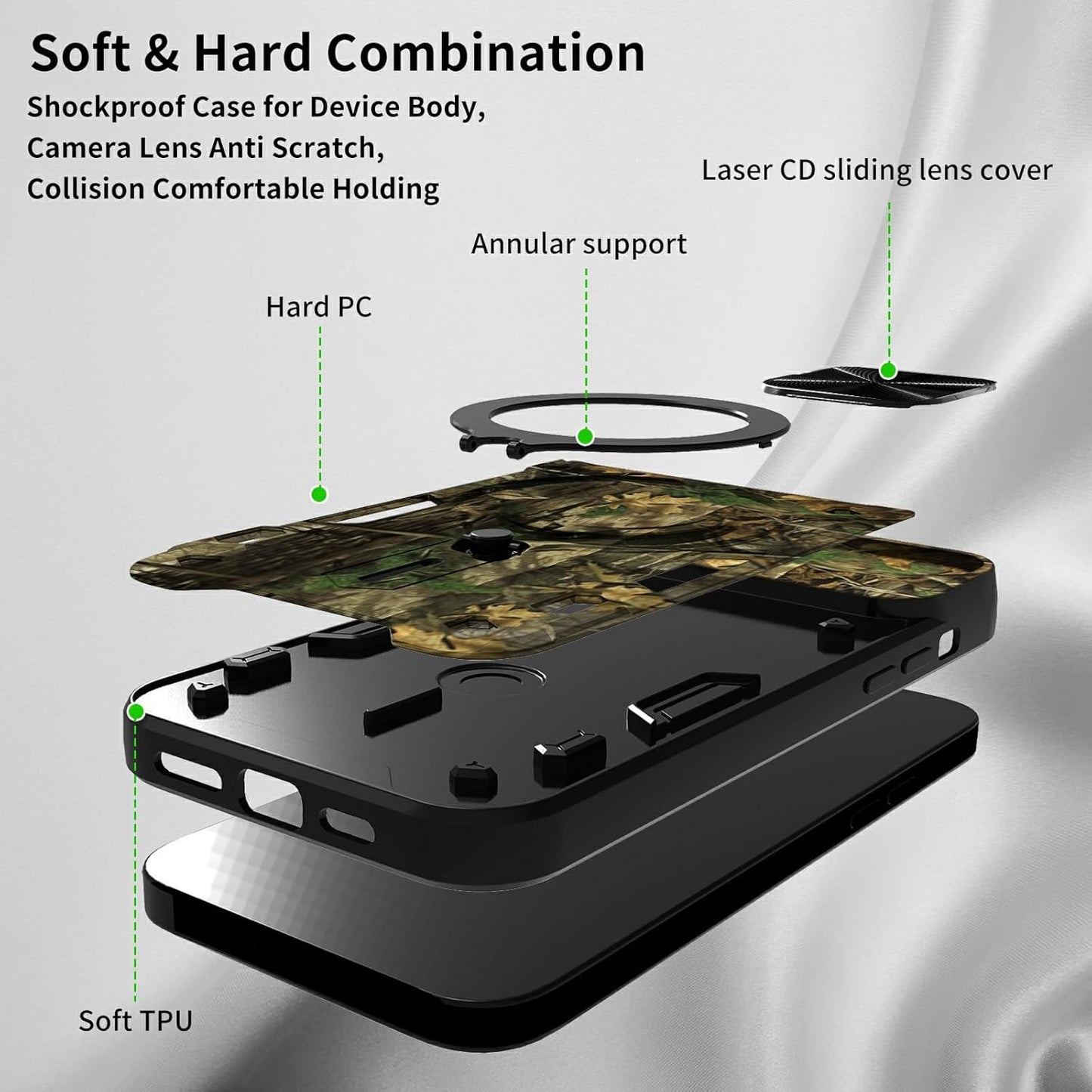 Samsung Galaxy A53 5G Case - Heavy Duty Dual Layer with Slide Camera Lens Cover & 360° Kickstand, Camouflage Tree.