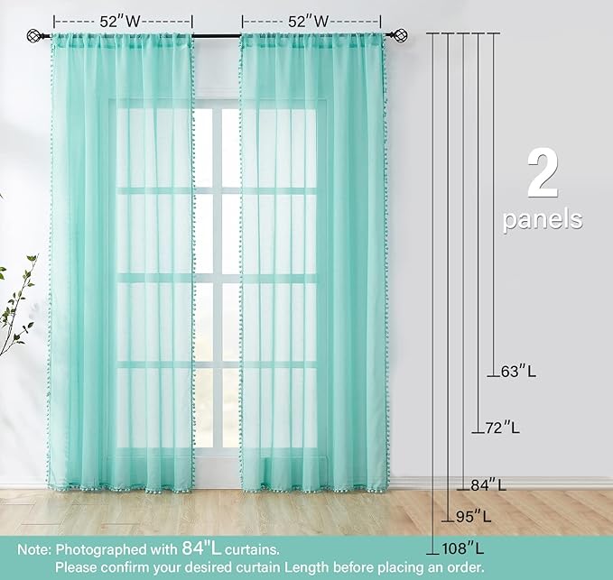 Treatmentex Pompom Sheer Curtain Panels 84inch Long Living Room Bedroom Window Curtain Drapes for School, Kindergarten 52" Width Each Panel. 1 Pair Rod Pocket Aqua