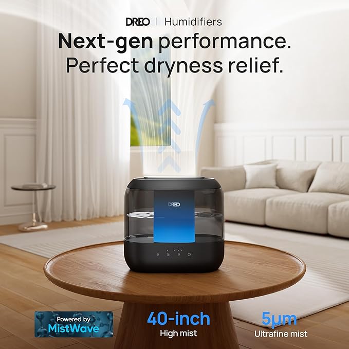 Dreo Top Fill 4L Humidifiers for Bedroom, 36H Runtime, 28 dB Quiet Cool Mist Supersized Air Humidifier for Large Room, Plants, Baby Nursery, Indoor, Night Light, Easy to Clean & Fill, Black