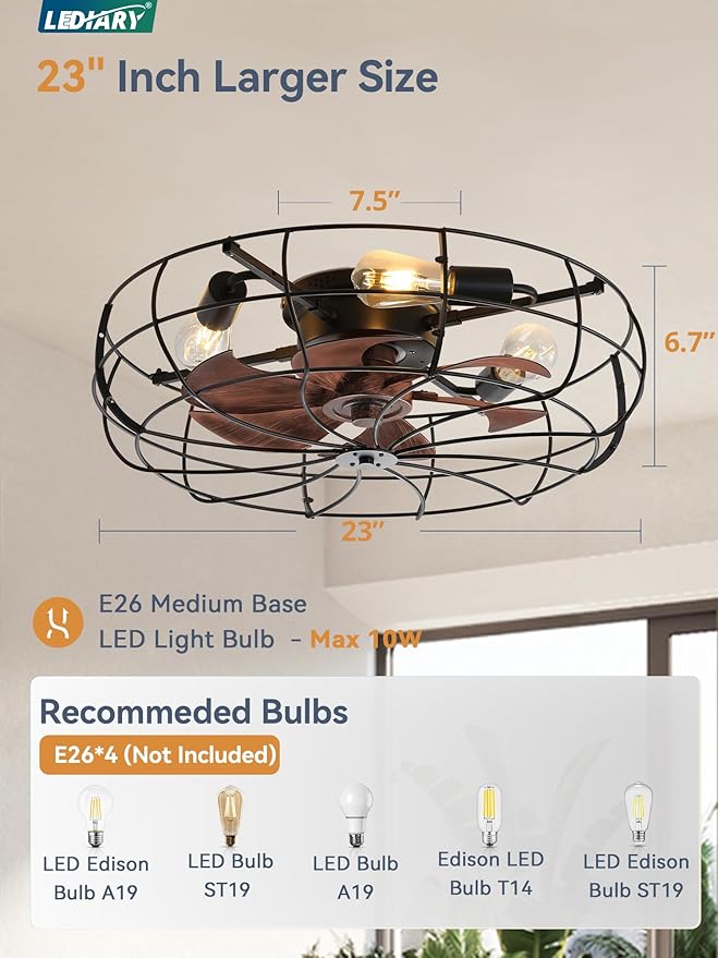 LEDIARY 23 Inch Large Caged Ceiling Fan with Light, Flush Mount Low Profile with Remote Control, Farmhouse Industrial Bladeless Fan Light for Bedroom, Kitchen, Indoor