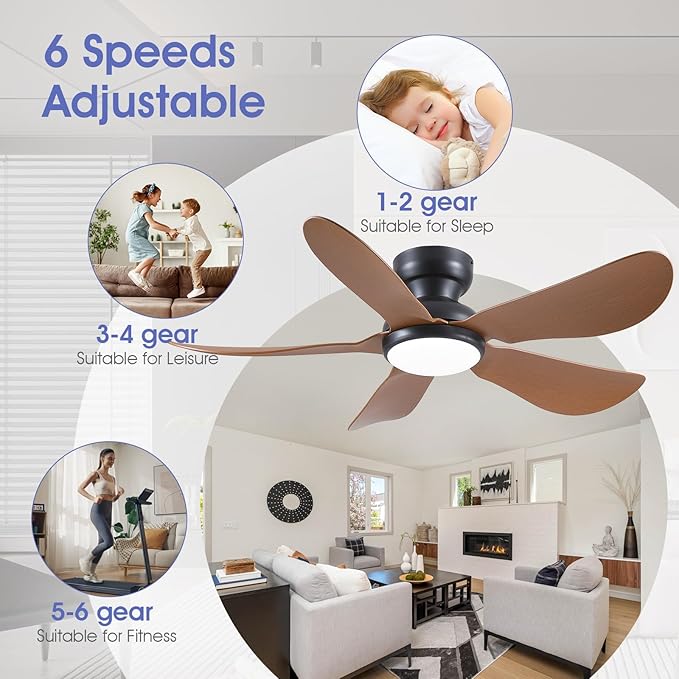 46 Inch Modern Ceiling Fans with Lights, Flush Mount Ceiling Fan with Light and Remote/APP Control, 5 Reversible 6 Speeds Curved Blades, 3 CCT Dimmable Lights for Kids Room, Brown
