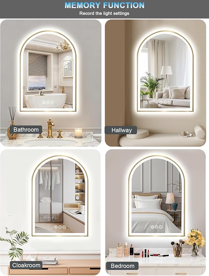 20x30 Inch Arch LED Bathroom Mirror, Gold Lighted Bathroom Mirrors Wall Mounted, Vanity Mirror with Anti-Fog, Memory Function, 3 Color Temperature, Dimmable Led Mirror for Bathroom