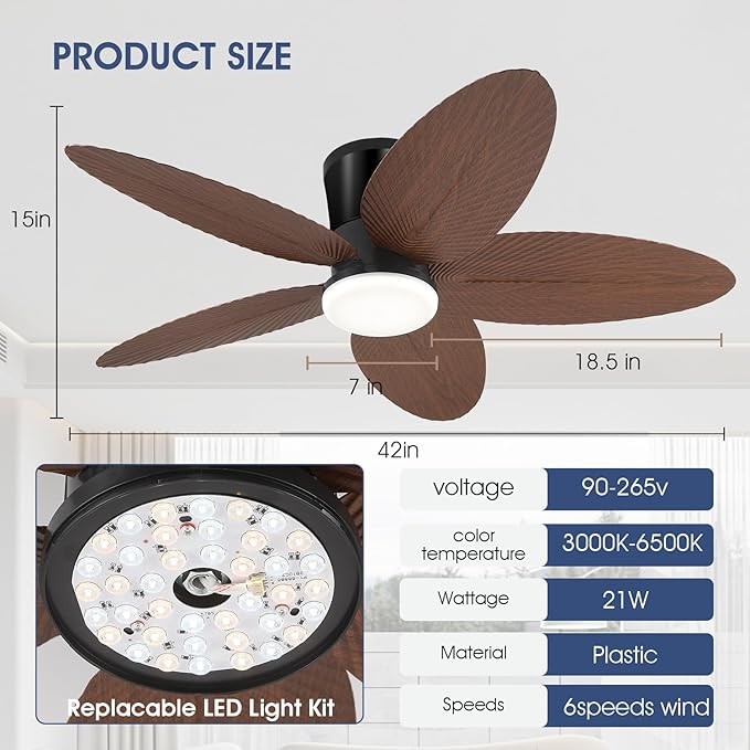 Palm Leaf Ceiling Fans with Lights-42 Tropical Ceiling Fan with Light and Remote/APP Control,Flush Mount Low Profile Ceiling Fans for Bedroom,Indoor/Outdoor Patio Use(Brown)