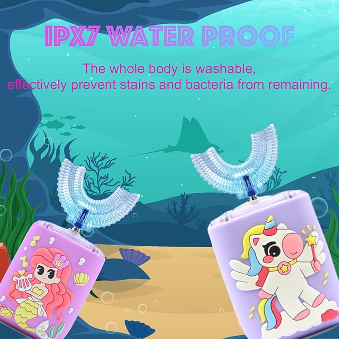 Kids Electric Toothbrush, U Shaped Toothbrush Kids Sonic Automatic Brush with Cup 5 Brush Head 6 Sonic Clean Modes IPX7 Waterproof Unicorn Design Rechargeable Smart Timer for Children 2-7