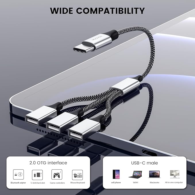 USB C Male to Three USB Female Cable Adapter,Type C to 3 Type A 2.0 Port Splitter Dongle Cord Converter Connector Multiple Multi Hub for MacBook,iPad Pro Air,Microsoft Surface Go,PC,Laptop