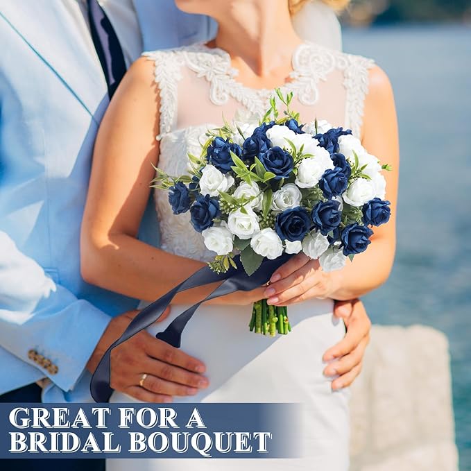 Zeyune 8 Pack 12 Inch Wedding Bouquets for Bride Bridesmaid Dark Blue and White Artificial Rose Bouquet Fake Silk Roses Flowers Bunches Bulk for Home Office Garden Parties Decoration