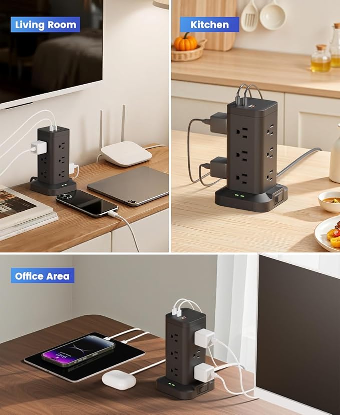 Power Strip Tower with Surge Protector 1800J, Fast Charging Tower PD20W USB-C Ports with 12 AC Outlets, 6ft Extension Cord for Home Office Dorm Room, Black