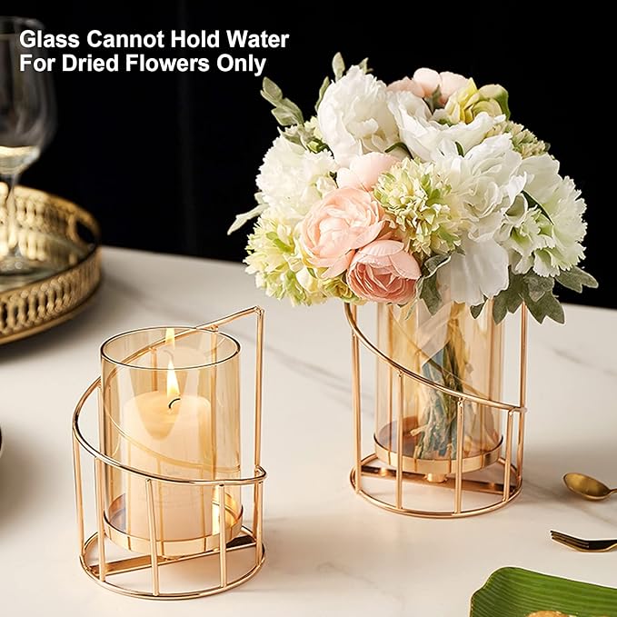 MrMrKura Metal Wire Candle Holder Set of 2, Glass Pillar Candle Holders Gold Decorative Tea Light Candleholders for Home Decor Table Decorations Centerpiece