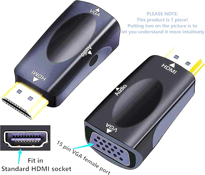 HDMI to VGA Adapter VGA Female to HDMI Male Gold Plated 1080P Connector Converter with 3.5mm Audio Jack Cable 50cm/19.68inch for PC HDTV Desktop Laptop Projector Monitor