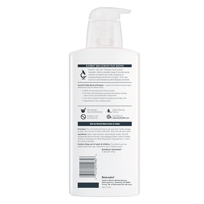 Eucerin Baby Unscented Baby Shampoo and Body Wash, Tear Free Shampoo and Wash, 13.5 Fl Oz Pump Bottle, Pack of 3
