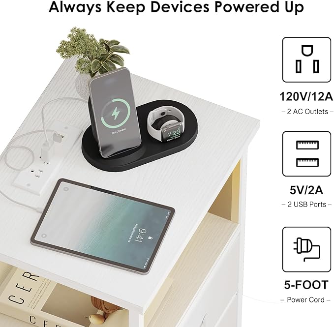 Fixwal Night Stand with Charging Station, LED Nightstand with U-S-B Ports and Outlets, 2 Fabric Storage Drawers with PU Finish, Bed Side Table, White
