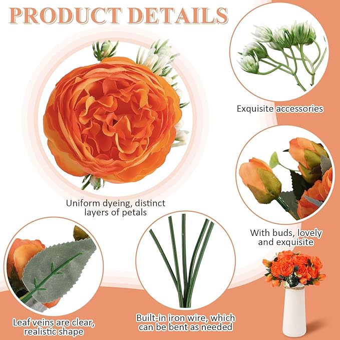 Hoteam 24 Bundles Artificial Peonies Flowers Wedding Faux Flowers Silk Peony Bouquet Bulk Bride Fake Florals Arrangements for Table Centerpieces Wedding Party Vase Decor (Orange)