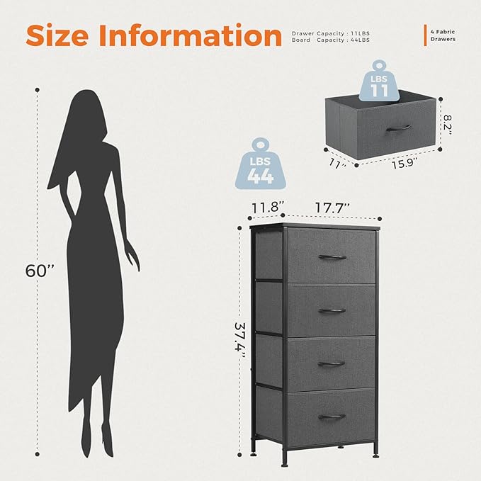 Sweetcrispy Dresser for Bedroom, Storage Drawers, Skinny Fabric Storage Tower with 4 Drawers, Tower Organizer Unit, Chest of Drawers with Wooden Top for Closet,Entryway,Grey