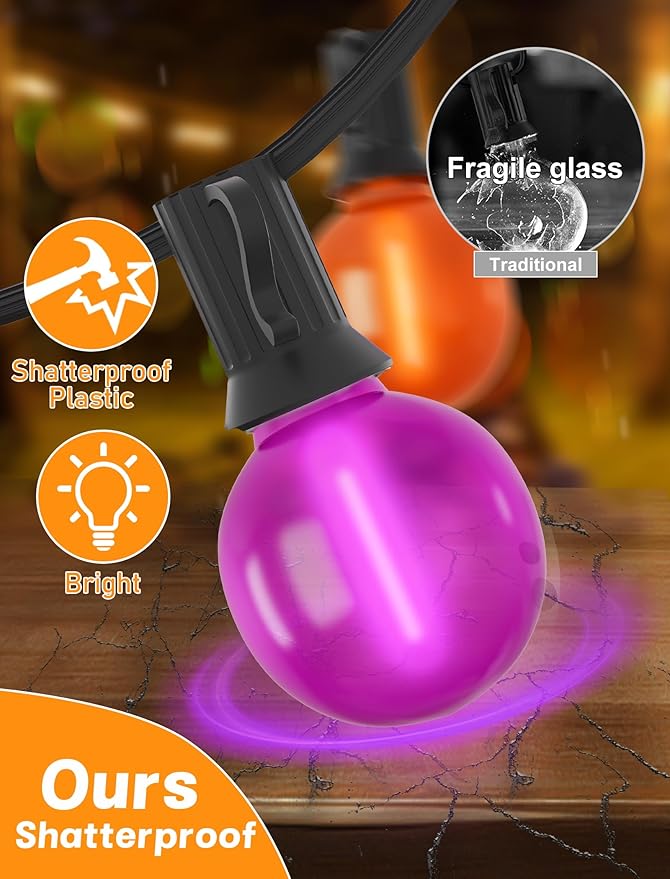 SUNSGNE 25ft Halloween String Lights Outdoor - G40 LED Orange and Purple String Lights with 27 Frosted Globe Bulbs(2 Spare), Vintage Halloween Decorations for Patio Balcony Porch Yard