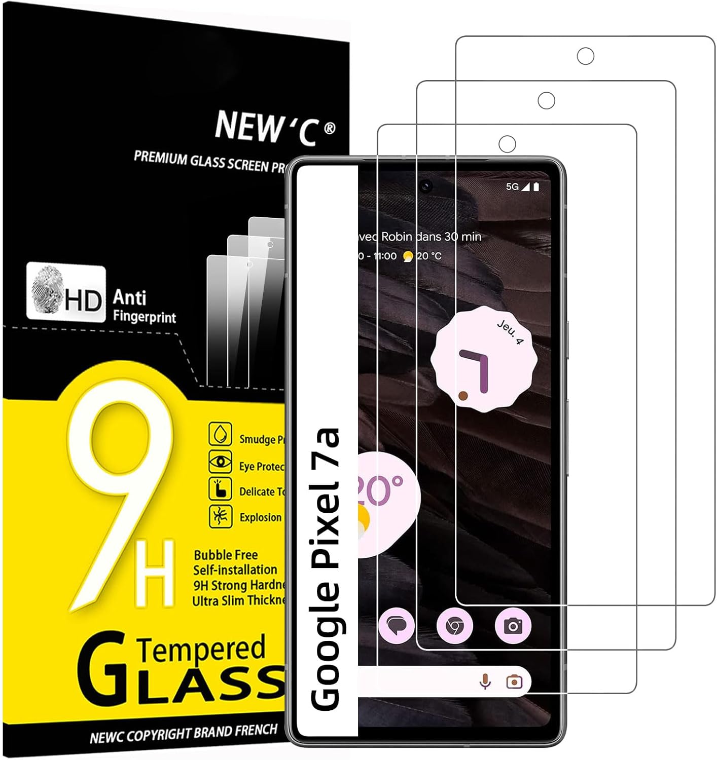 NEW'C Tempered Glass Screen Protector for Google Pixel 7a - 3 Pack, Ultra Resistant, Bubble Free.