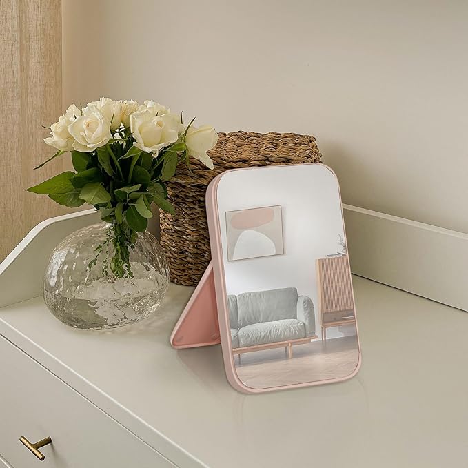 10Pcs Table Desk Vanity Makeup Mirror, 8-Inch Simple Portable Travel Mirror with Stand, Standing and Wall Hanging Dual-use Pink