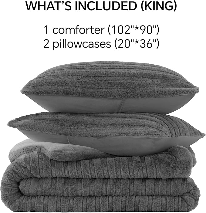 BEDELITE Fleece King Comforter Set -Super Soft & Warm Fluffy Grey Faux Fur Bedding, Luxury Fuzzy Heavy Bed Set for Winter with 2 Pillow Cases
