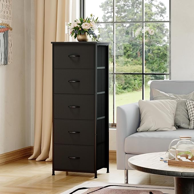 Somdot Tall Dresser for Bedroom with 5 Drawers, Storage Organizer Chest of Drawers with Removable Fabric Bins for Closet Bedside Living Room Laundry Entryway Hallway, Black