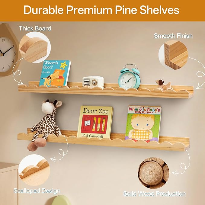 Scalloped Baby Book Shelf,Floating Shelves for Wall Set of 4 Natural Solid Pine Wood Nursery Bookshelves with Wave Lip for Bedroom Kids, Toddler Room, Baby Room, Nursery Decor(Natural,40cm)