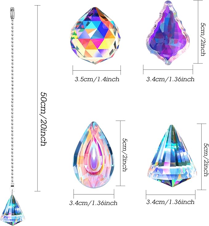 4 Pieces Crystal Ceiling Fan Pull Chain Decorative Rainbow Pull Chain Extension 20 Inch Ceiling Ornament with Ball Connector(Longan, Round, Polygon, Quadrilateral)