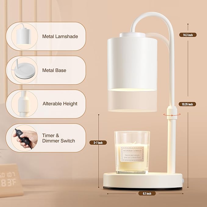 CASTLELIFE Candle Warmer Lamp with Timer & Dimmer, Height Adjustable Electric Wax Melt Warmer for Jar Candles, Gifts for Mom Home Decor, White