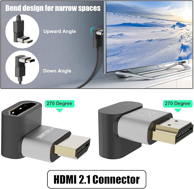 VCELINK HDMI Right Angle Adapter 8K@60Hz, 270 Degree HDMI Adapter Male to Female, HDMI 2.1 Cable with 4K@120Hz, HDR, eARC for for HDTV Switch Laptop PS4 PS5 Xbox, 2-Pack