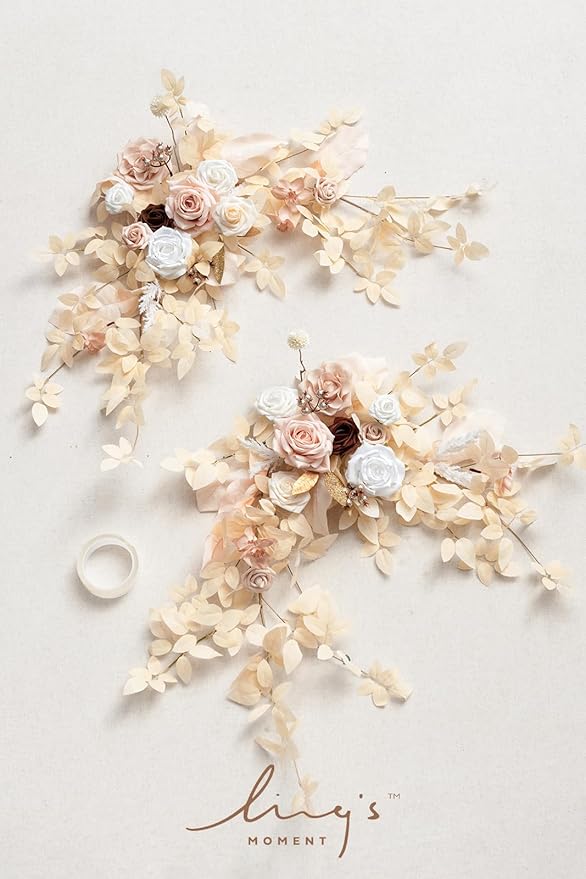 Ling's moment 2PCS White & Beige Artificial Floral Swags Centerpieces,Ivory Wedding Flower Garland Greenery Arrangements for Sweetheart/Head Table Decor Wall Arch Home Garden Decor