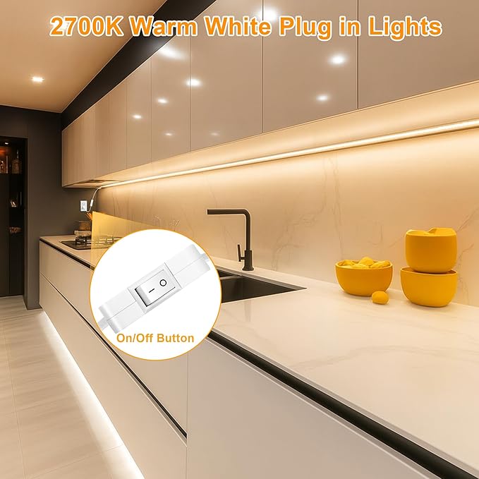 maylit Under Cabinet Strip Lighting Plug in 48in, Ultra Bright Small LED Light Bar, 2700K Warm White, Wired Lights for Kitchen Cabinet, Counter, Workbench, Desk, Closet, Shelf, Indoor
