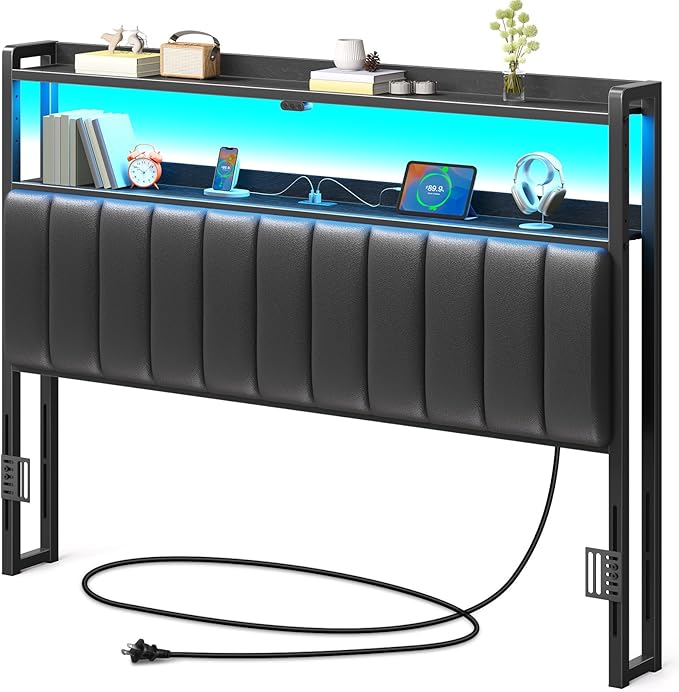 Rolanstar Headboard for Queen Size Bed with Storage, 60,000 DIY Color of LED Light, Head Board with USB, Type C Port, Height Adjustable, Black Upholstered Cabeceras de Cama Comfortable Modern, Leather