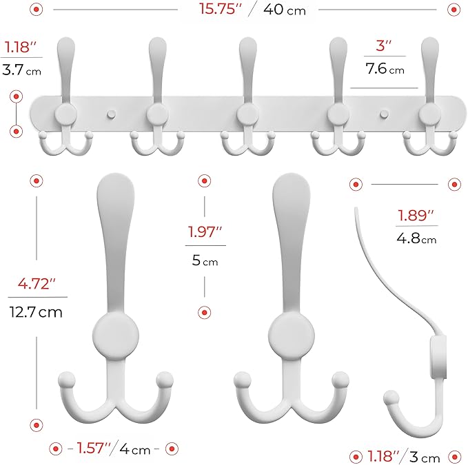 Coat Rack Wall Mount with 5 Tri Hooks, Stainless Steel 16 Inch – White Matte Finish, Heavy Duty Wall Mounted Hook Rack for Coats, Hats, Towels, Scarves, Robes, Bags, Entryway & Bathroom