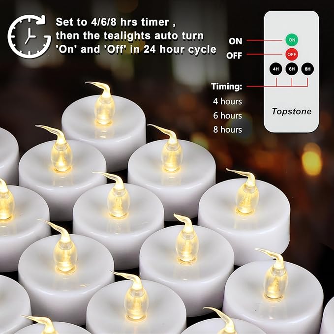 Topstone LED Candles with Remote and Timer,400+ Hours Battery Life,Realistic Flickering Flameless Votive Candles,Safe Decorative Lighting for Christmas/Wedding/Home Decor - 12 Pack Warm White