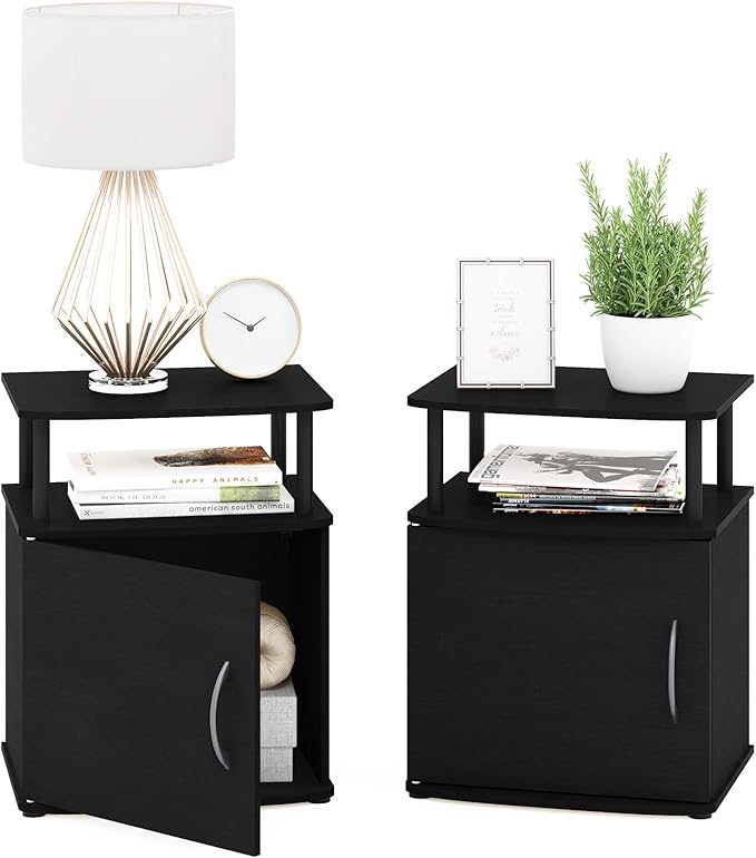 Furinno JAYA End Side Sofa Table/Nightstand with Door, 2-Pack, PVC Tubes, Black Wood