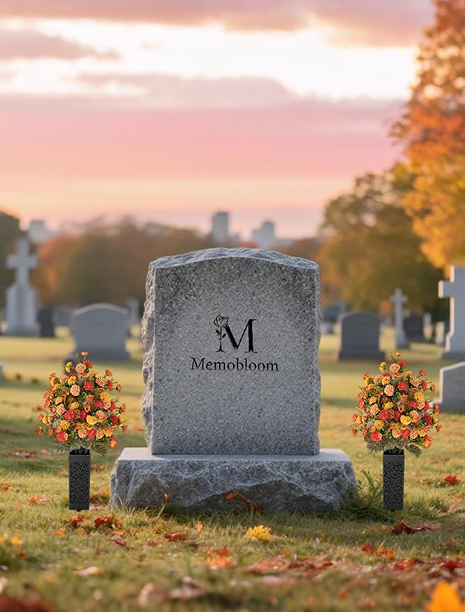 Artificial Cemetery Flowers for Grave: 2 Pcs Fake Fall Flowers for Cemetery Orange Mums Bouquets with Vases - Outdoor Grave Decorations