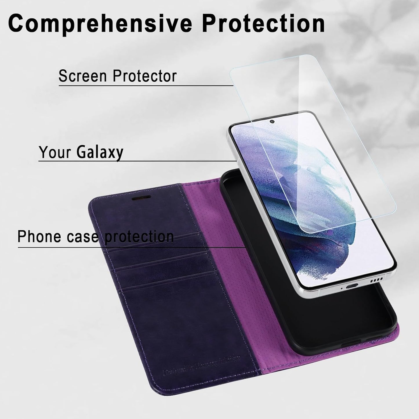 MONASAY Flip Folio Leather Wallet Case for Galaxy S22 5G, Purple, with Screen Protector & RFID Blocking, Credit Card