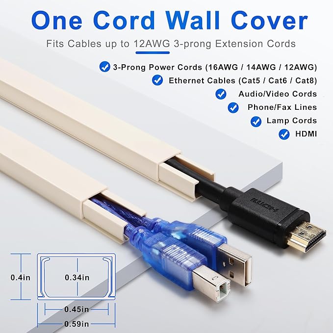 ZhiYo Cord Hider Wall for One Cord, 68in Cord Covers for Wires on Wall, Easy Install Cable Cover Wall, Cable Raceway Hide Cords, Cable Hider Cord Management Wall, 4X L17in W0.6in H0.4in Beige