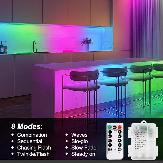LED Strip Lights Battery Operated, 9.8ft 90 LED Strip Lights with Remote Timer Dimmable, Waterproof Flexible Lights for Indoor Outdoor TV Table Bedroom Boat Kitchen (Multicolor)